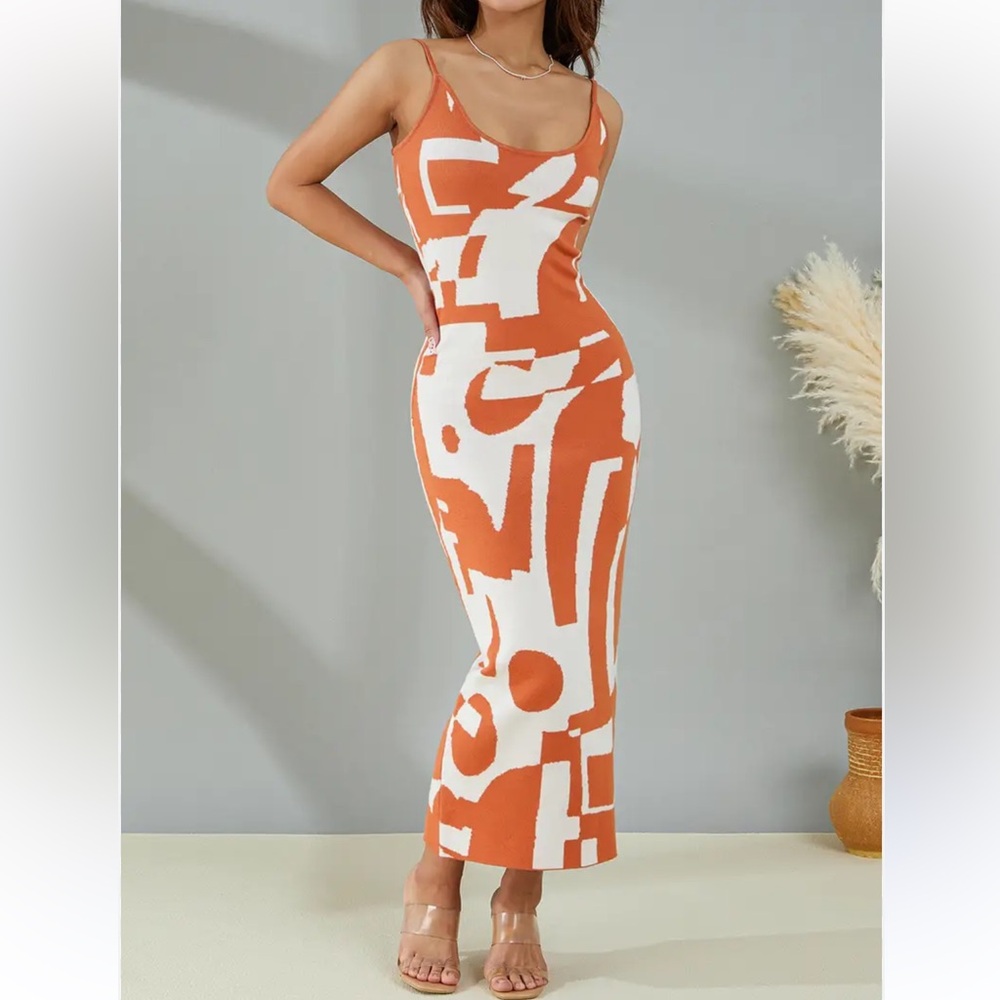 Sleeveless Orange and White Abstract Midi Dress - Picture 2 of 10